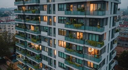 Obraz premium Modern apartment building aglow at dusk