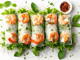 Fresh spring rolls with shrimp and herbs on white background
