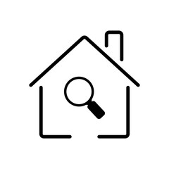 Minimal Line House Icon with Magnifier. Thin Outline Search Real Estate Symbol for App UI or Logo.