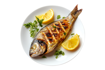 Grilled fish on a plate isolated on transparent background