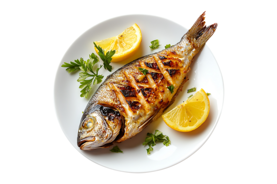 Grilled fish on a plate isolated on transparent background