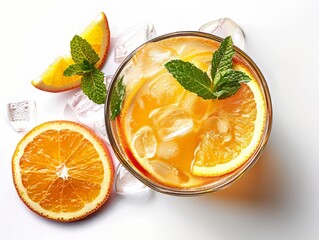 Refreshing orange drink with ice and mint