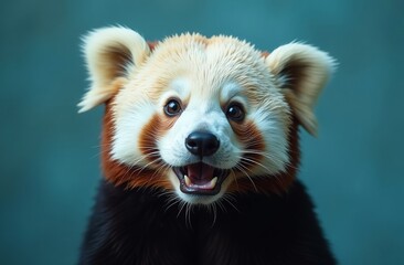 Red panda face close up. Cute animal, lesser panda with its mouth open. Fun concept for advertising banner. Poster or postcard. Blue Background.