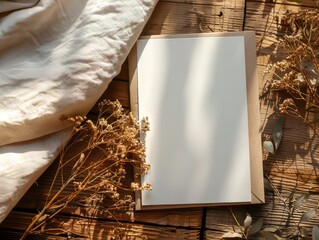 Rustic blank card with pink dried flowers and shadows