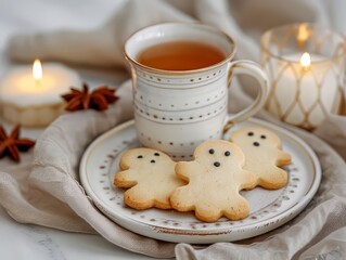 Halloween ghost cookies with tea and candles