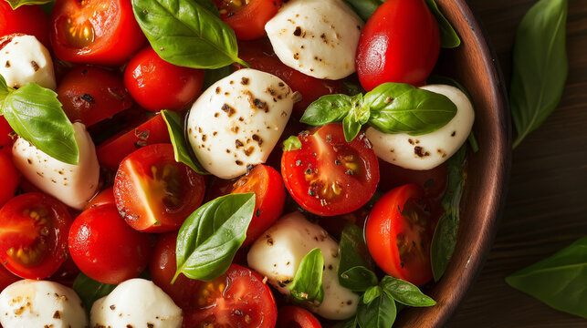 Caprese salad with cherry tomatoes and mozzarella, fresh basil garnish