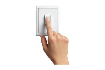 Hands with finger on light switch isolated on transparent background