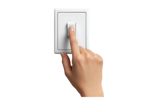 Hands with finger on light switch isolated on transparent background