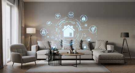 Smart Home Interface with Voice Assistant Icons in Modern Living Room