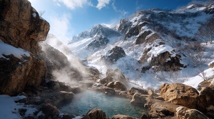 A steaming hot spring surrounded by snow-covered rocks, mist rising into the cold mountain air in a serene contrast.