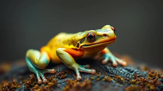 Brightly colored yellow and turquoise frog resting on mossy rock in natural environment