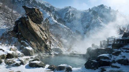 A steaming hot spring surrounded by snow-covered rocks, mist rising into the cold mountain air in a serene contrast.