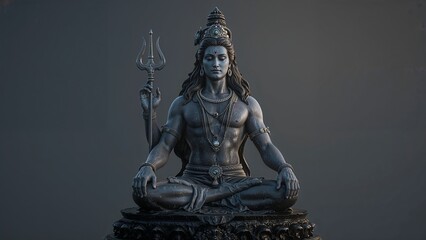 Studio shot of a metallic Lord Shiva statue in a meditative pose on a dark background.