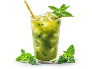 Iced Matcha Latte with Mint and Ice Cubes