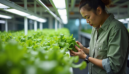 Woman examining fresh lettuce in a hydroponic greenhouse, promoting sustainable farming practices and healthy eating