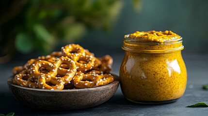 Artisanal pretzels with sea salt alongside a rustic mustard jar offering