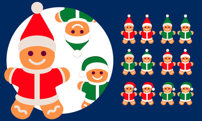 Cute Christmas gingerbread characters dressed as Santa and elves