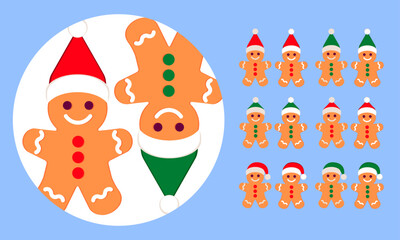 Christmas gingerbread cookies with Santa hats in vector flat design