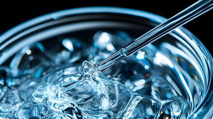Macro image capturing a glass pipette dripping liquid into a clear glass of ice