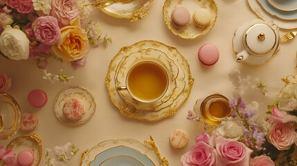 Exquisite tea service and macarons arranged amidst pastel floral elegance for a dreamy gathering