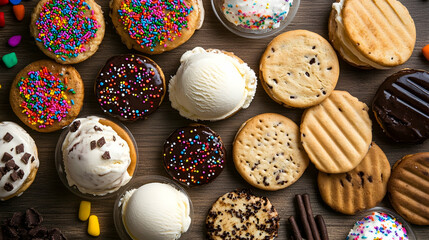 Delectable assortment of cookies, ice cream scoops, and chocolate desserts on a wooden surface