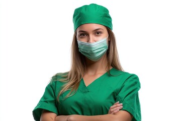A woman in green scrubs mask and cap is facing forward with her arms crossed