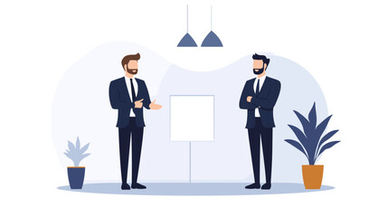 Two businessmen discussing ideas in a modern office setting  