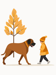 Young child walking happily with a large dog in autumn scenery  