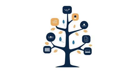 Illustrated tree diagram with icons representing various concepts  