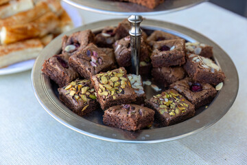 Outdoor catering buffet with a variety of food snacks and appetizers