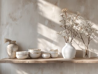 Minimal White Vases with Dried Flowers on Shelf in Sunlight