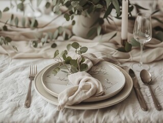 Elegant Rustic Table Setting with Eucalyptus and Candles