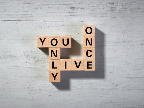 wooden blocks on a white and grey board with the text you only live once, YOLO