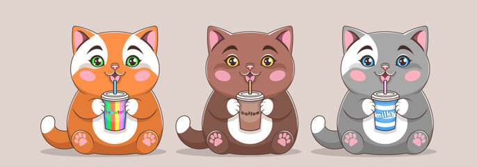 Vector set of cute cartoon cuddly chubby sitting three kittens drinking from glass with straw cocktail, coffee and milk. Toon stickers collection, plump cats. Adorable pets. Favorite food of pusses