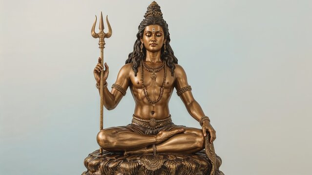Bronze statue of the Hindu god Shiva isolated on a light background.
