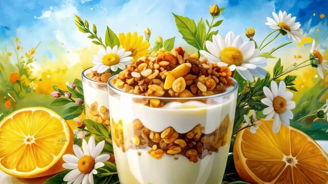 Delicious Yogurt Parfait with Granola and Fresh Lemon Slices