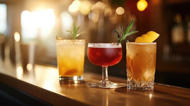 Three elegant cocktails on a wooden bar counter with a blurred warm light background. Generative Ai