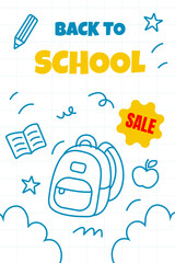 Playful back to school vector illustration with blue outline icons and colorful sale label. Features backpack, apple, book, and stars on a white background. 