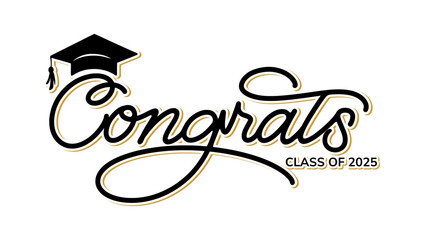 Stylish “Congrats Class of 2025” vector lettering with graduation cap. Handwritten script for cards, prints, or school celebration merchandise.
