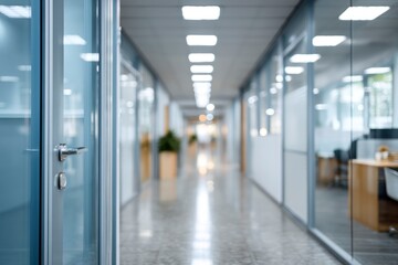 Fototapeta premium An office hallway with glasswalled rooms rectangular ceiling lights Doorway is visible in the foreground
