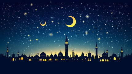 Fototapeta premium Serene islamic city silhouette under a starlit sky with crescent moons