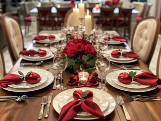 Elegant Holiday Dinner Table with Red Napkins and Candlelight