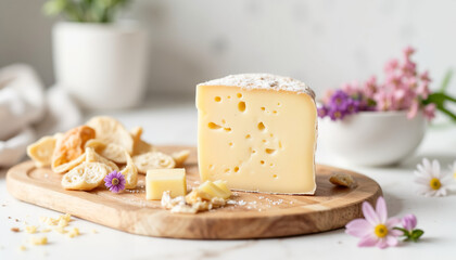 Delicious cheese on wooden board with snacks and flowers in background  