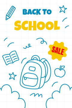Playful back to school vector illustration with blue outline icons and colorful sale label. Features backpack, apple, book, and stars on a white background. 