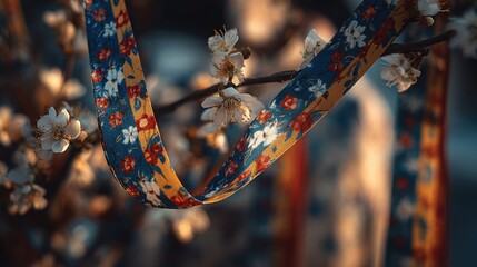 Taegeukgi ribbons and mugunghwa flowers, symbolizing Korean pride and liberation, with traditional hanbok softly in the background