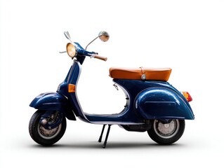 A classic blue scooter with a brown seat is parked on a white background.