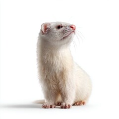 Obraz premium A curious white ferret stands upright on a white background, looking alert and attentive.
