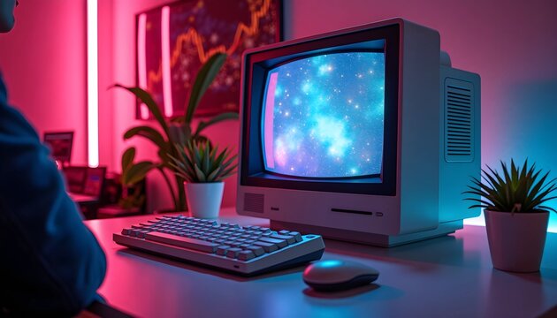 Person using retro computer displaying starry galaxy in vibrant colored room