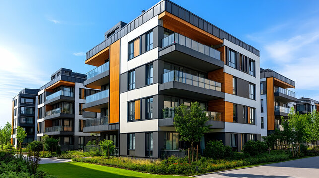 Modern architectural design showcased in urban condominium building with balconies