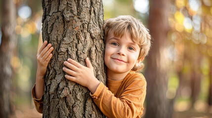 A smiling child hugs a tree in a sunlit forest, surrounded by nature and displaying joy and affection for the environment.